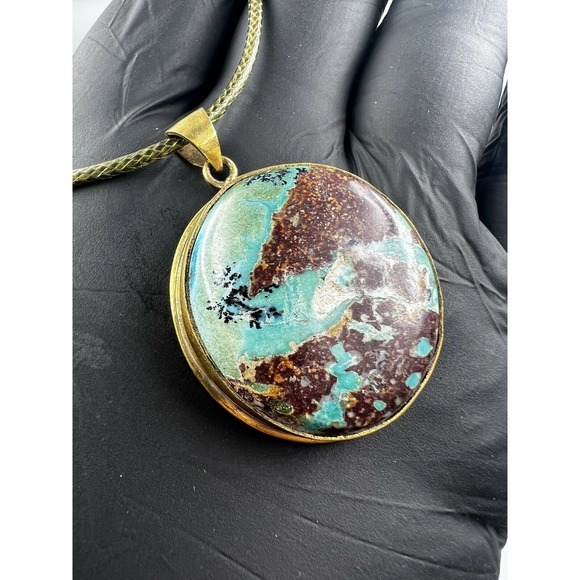 Natural Persian Turquoise Pendant Metal Brass Handmade With Rope - Picture 7 of 12
